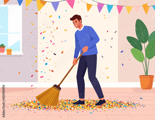 A man sweeps up colorful confetti with a broom after a party. The festive banners in the background hint at the fun celebration that just ended.