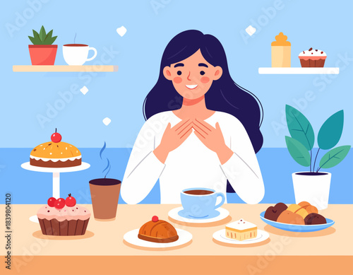 A happy woman sits at a table laden with delicious cakes, pastries, and coffee. She looks content, ready to indulge in her favorite treats.