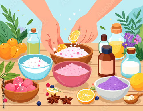 Hands mix homemade bath products using natural ingredients like citrus, flowers, and essential oils. A vibrant scene of DIY aromatherapy and self-care.