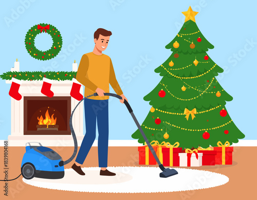 A man vacuums the living room, preparing for Christmas. The festive scene shows a decorated tree and a cozy fireplace, blending chores with holiday cheer.