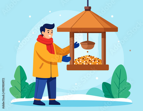 A smiling man in winter gear fills a bird feeder in the snow. A heartwarming illustration of kindness and caring for wildlife in winter.