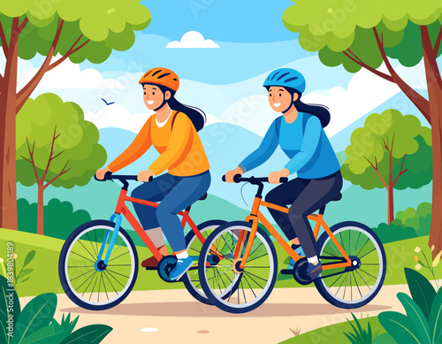 Two smiling women enjoy a bike ride together in a beautiful park. A healthy and active outdoor lifestyle shared between friends.