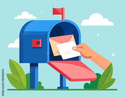 A hand places an envelope into a classic blue mailbox with its red flag raised. The illustration, set against a bright sky with clouds and greenery, evokes the simple act of sending or receiving mail.