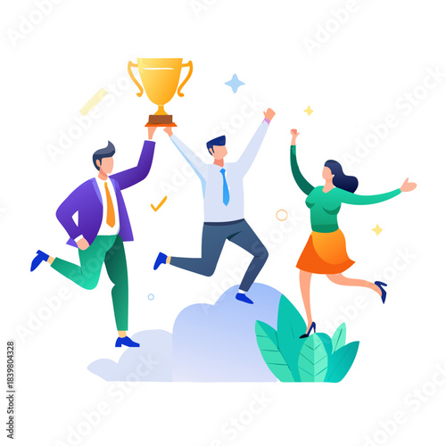 The business team celebrates success. People jump and rejoice at the prize, the Cup. Flat 2D character. Concept for web design
