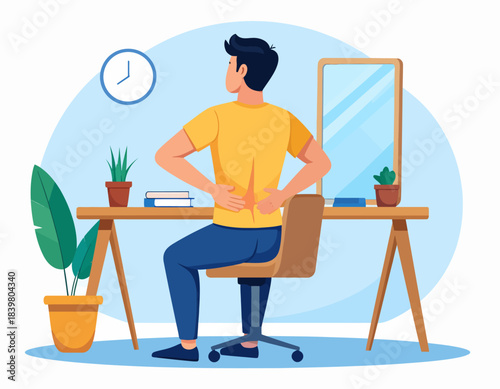 A man sits at his desk, holding his lower back in pain. The illustration highlights the issue of back pain from poor posture or prolonged sitting at a workspace.