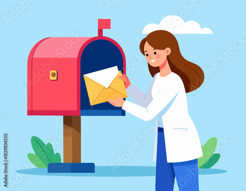 A woman putting a letter into a red mailbox under a blue sky.