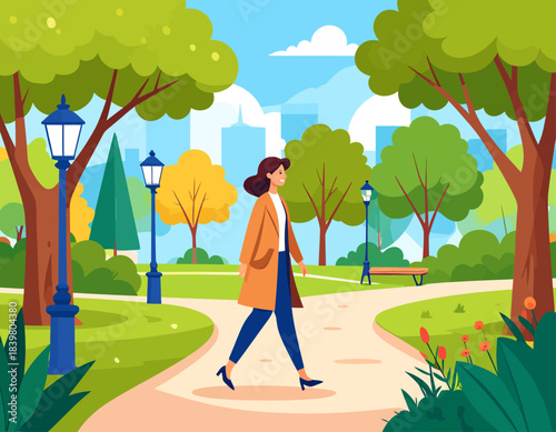 A woman with a healthy lifestyle enjoys a relaxing solo walk in a green and tranquil city park. Surrounded by trees, benches, and a city skyline in the background.