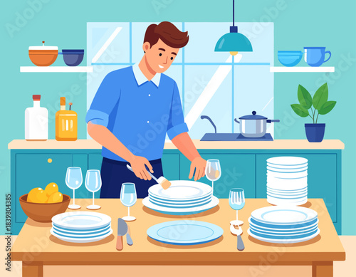 A smiling young man performs a household chore by setting the dining table in his kitchen. He neatly wipes and arranges plates, glasses, and cutlery in preparation for dinner or a celebration.