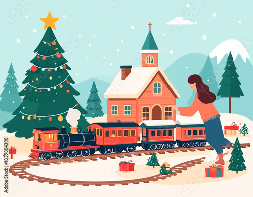 In a magical, snowy winter landscape, a woman plays with a giant Christmas-themed toy train. This surreal fantasy illustration captures the joy and imagination of childhood during the holiday season. 