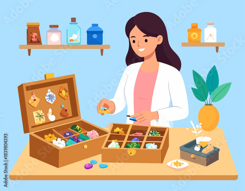 A smiling woman in a white coat making colorful jewelry or crafts at a wooden table with various supplies and tools.