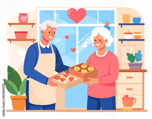 Elderly couple exchanging homemade heart-shaped cookies and pastries in a cozy kitchen, celebrating love.