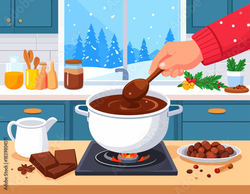 A hand stirring hot chocolate in a pot on a stove in a cozy winter kitchen scene with ingredients and snowy window view.