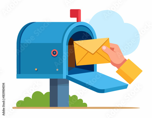 A hand putting a yellow envelope into a blue mailbox with an open door and a red flag.