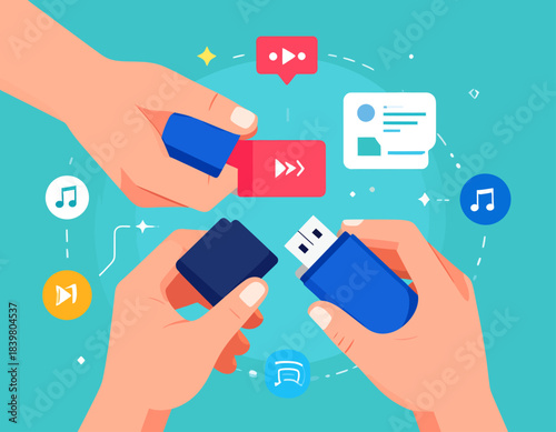 Hands connecting and opening USB flash drives for digital data transfer and sharing of media files.