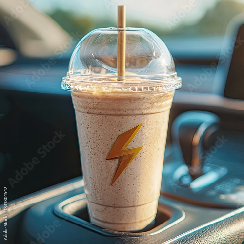 A light beige smoothie in a clear plastic cup, with a gold lightning bolt graphic, sits in a car's center console cup holder.  A paper straw extends from the lid