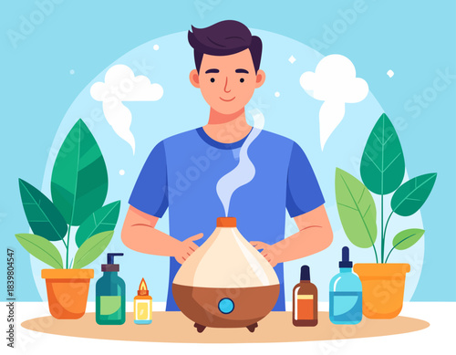 A man using an essential oil diffuser with various bottles and plants for aromatherapy and relaxation.