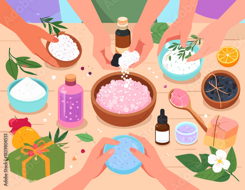 People making natural homemade cosmetics and bath products with various ingredients.