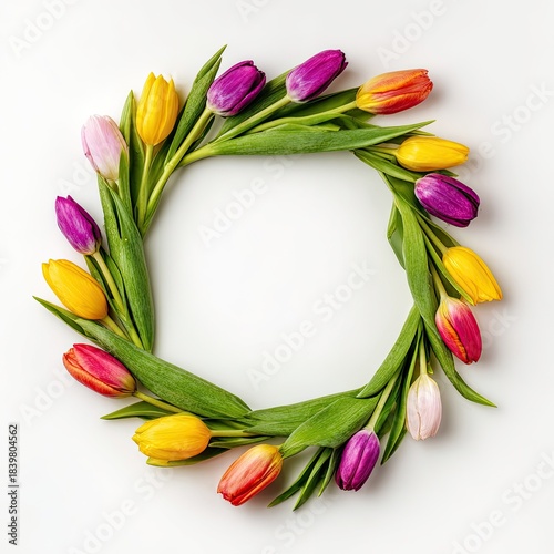 Colorful tulips in a ring shape create a vibrant border on a white background
