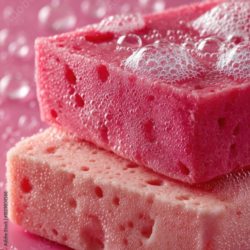 Close-up of two pink sponges stacked, covered in soapy water with bubbles