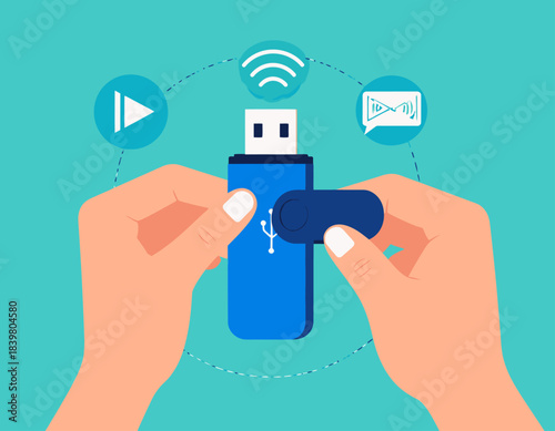 Hands holding a blue USB flash drive with a cap, surrounded by icons representing media, wireless connectivity, and audio, on a teal background.