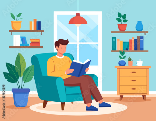 A man sitting comfortably in a teal armchair, reading a book in a cozy living room with bookshelves and plants.