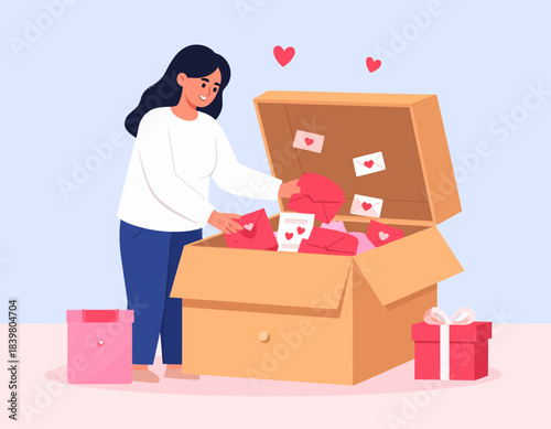 A happy woman opens a large cardboard box filled with love letters and Valentine's envelopes. Illustrates memories, romance, personal history, or a special relationship milestone.