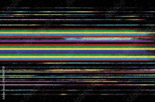 Horizontal, colorful bands of light streak across a dark, starry background