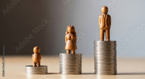 Wooden figurines on stacks of silver coins symbolize unequal pay, set against a neutral background. It highlights gender wage inequality and financial disparity.