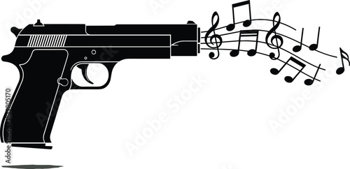 Gun barrel replaced by musical notes flowing out, symbolizing peace, anti-violence, music power, or an artistic non-violence message in black silhouette vector.