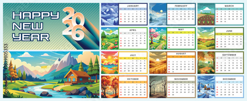 A vector design template of a calendar 2026 with landscape flat design 
