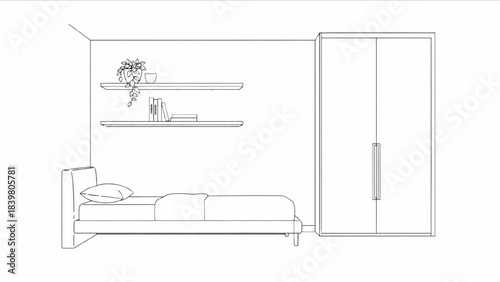 High-quality black line art of a modern minimalist bedroom layout with bed, closet, and floating shelves, side view interior design