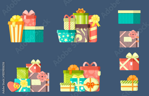 birthday gifts with ribbons vector illustrations set