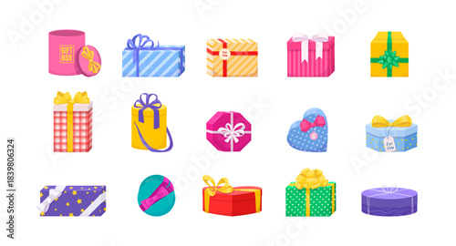 Bright gift box isometric set festive cardboard for present storage decorated