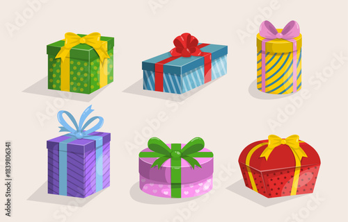 collection colorful gift boxes with purple ribbon around bottom