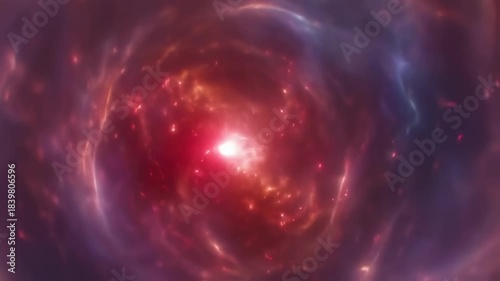 Abstract swirling cosmos of crimson, purple, and blue light, with glowing particles