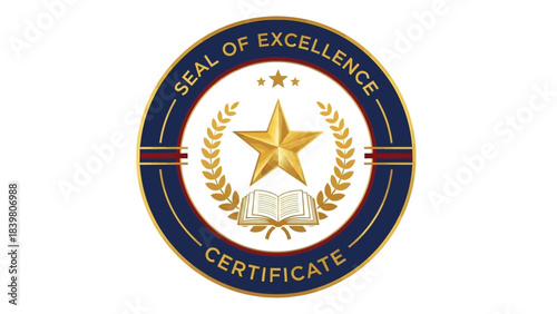 The certificate displays a seal of excellence featuring a star, an open book, and a wreath design. It serves to recognize achievements and qualifications in various fields.