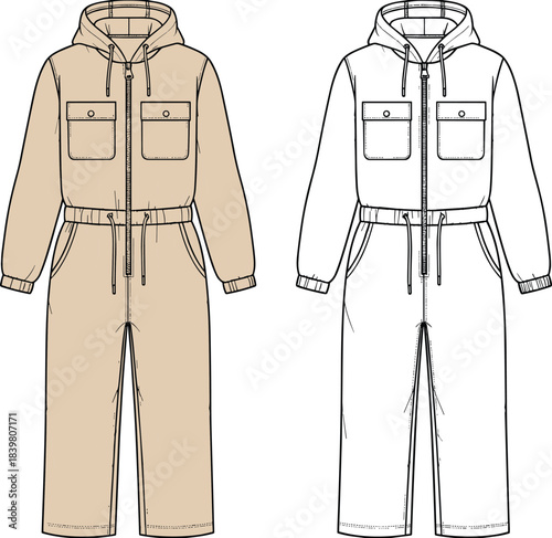 Hooded Utility Coverall Jumpsuit Technical Fashion Illustration Drawing Vector Mockup for Designer Apparel Clothing CAD Template Streetwear Workwear