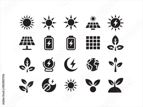 Minimal eco sustainability line icon set with renewable energy and nature vector illustration