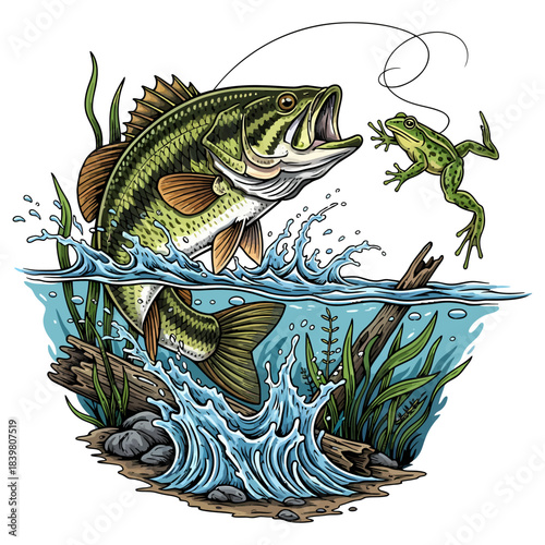 Large Mouth Bass Jumps Out Of Water To Catch Frog Action Vector Illustration