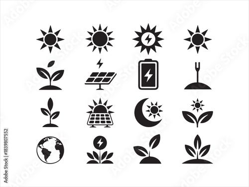 Minimal eco sustainability line icon set with renewable energy and nature vector illustration