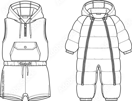 Infant Hooded Romper Jumpsuit and Padded Snowsuit Technical Fashion Illustration Drawing Vector Mockup for Designer Apparel Clothing CAD Template Childrenswear