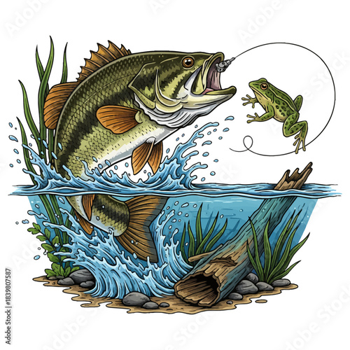 Large Mouth Bass Jumps Out Of Water To Catch Frog Action Vector Illustration