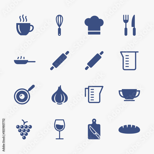 Collection of food and kitchenware icons focuses on simplicity, elegance, and ease of recognition.