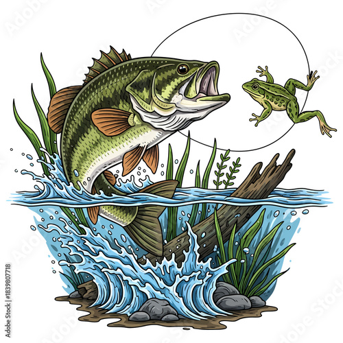Large Mouth Bass Jumps Out Of Water To Catch Frog Action Vector Illustration