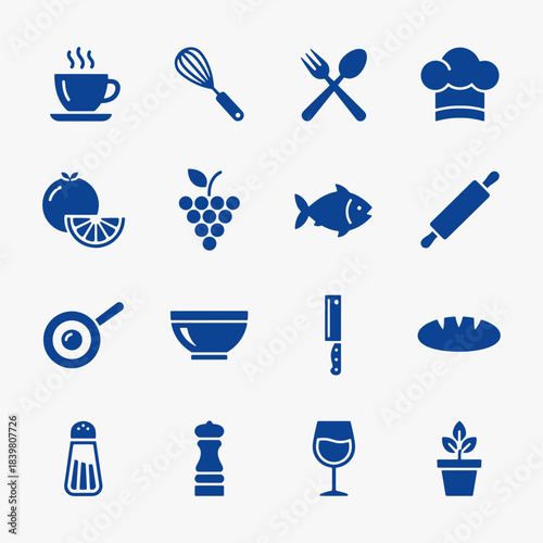 Collection of food and kitchenware icons focuses on simplicity, elegance, and ease of recognition.