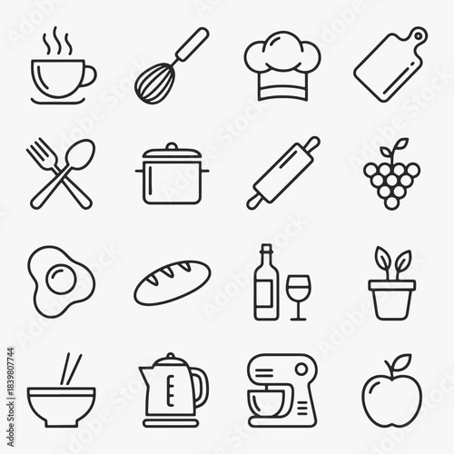 Collection of food and kitchenware icons focuses on simplicity, elegance, and ease of recognition.