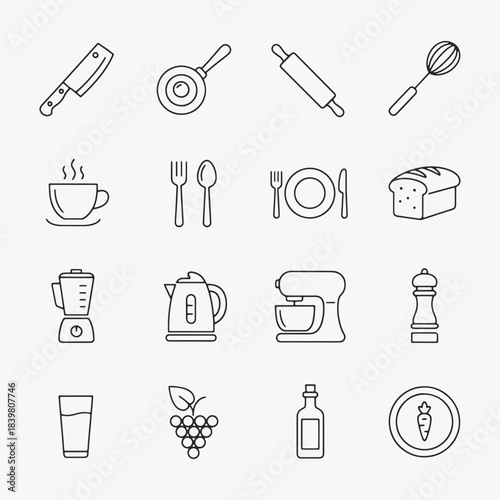 Collection of food and kitchenware icons focuses on simplicity, elegance, and ease of recognition.