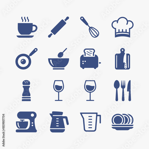 Collection of food and kitchenware icons focuses on simplicity, elegance, and ease of recognition.