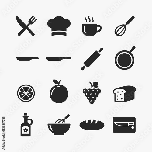 Collection of food and kitchenware icons focuses on simplicity, elegance, and ease of recognition.