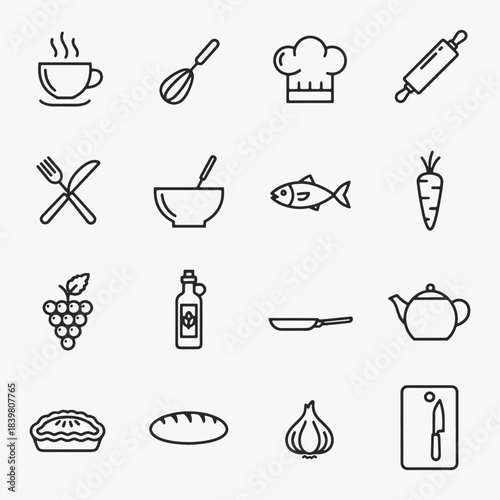 Collection of food and kitchenware icons focuses on simplicity, elegance, and ease of recognition.
